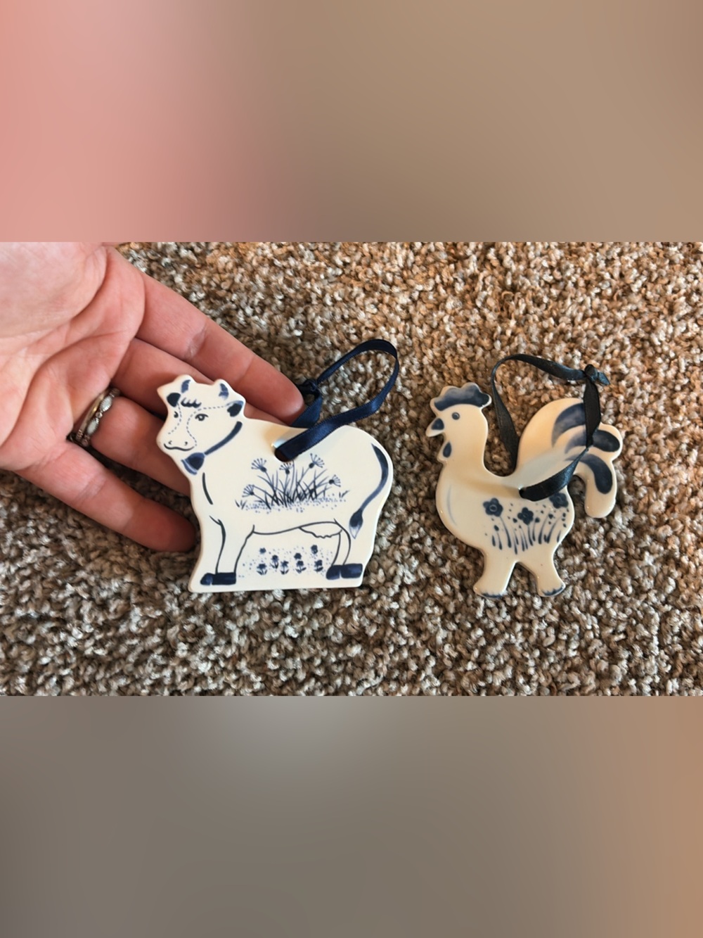 Vintage Blue and White Cow & Rooster Ceramic Wall Ornaments
